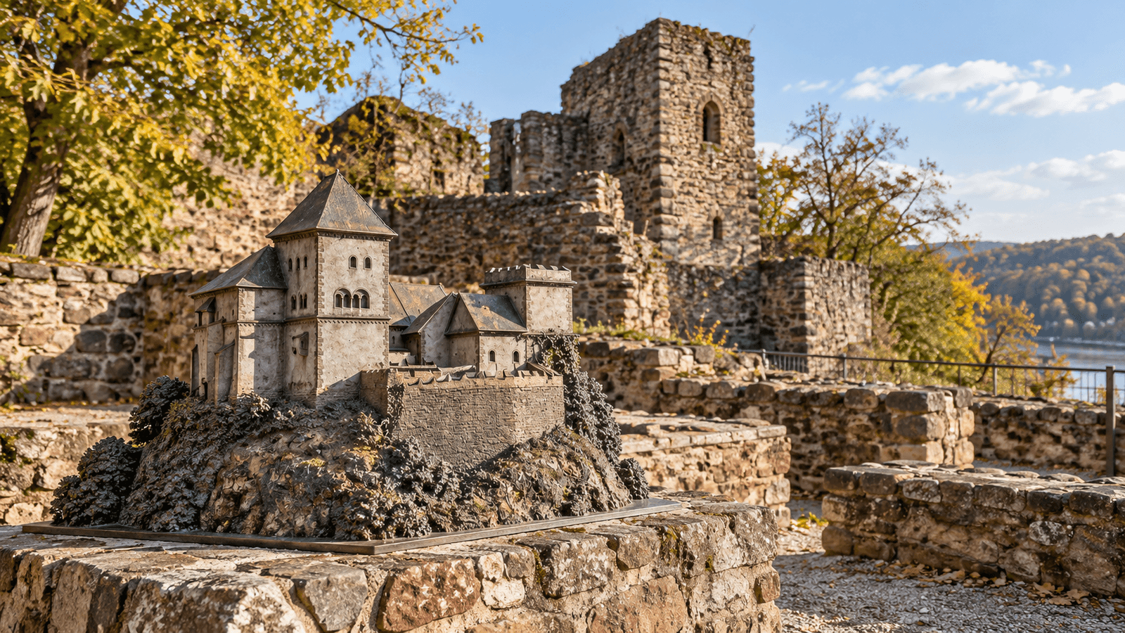 Reconstrucción de una fortaleza medieval entre las ruinas de un castillo sobre el valle del Saale, inspirada en Burg Giebichenstein en Halle