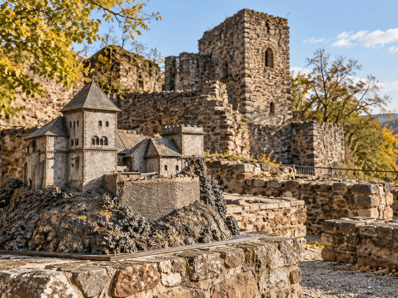 Reconstrucción de una fortaleza medieval entre las ruinas de un castillo sobre el valle del Saale, inspirada en Burg Giebichenstein en Halle