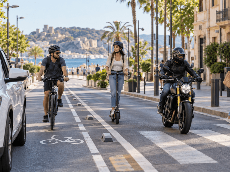 Ciclista, usuaria de patinete, motorista, coche y peatones compartiendo una vía urbana mediterránea con carril bici y paso de peatones