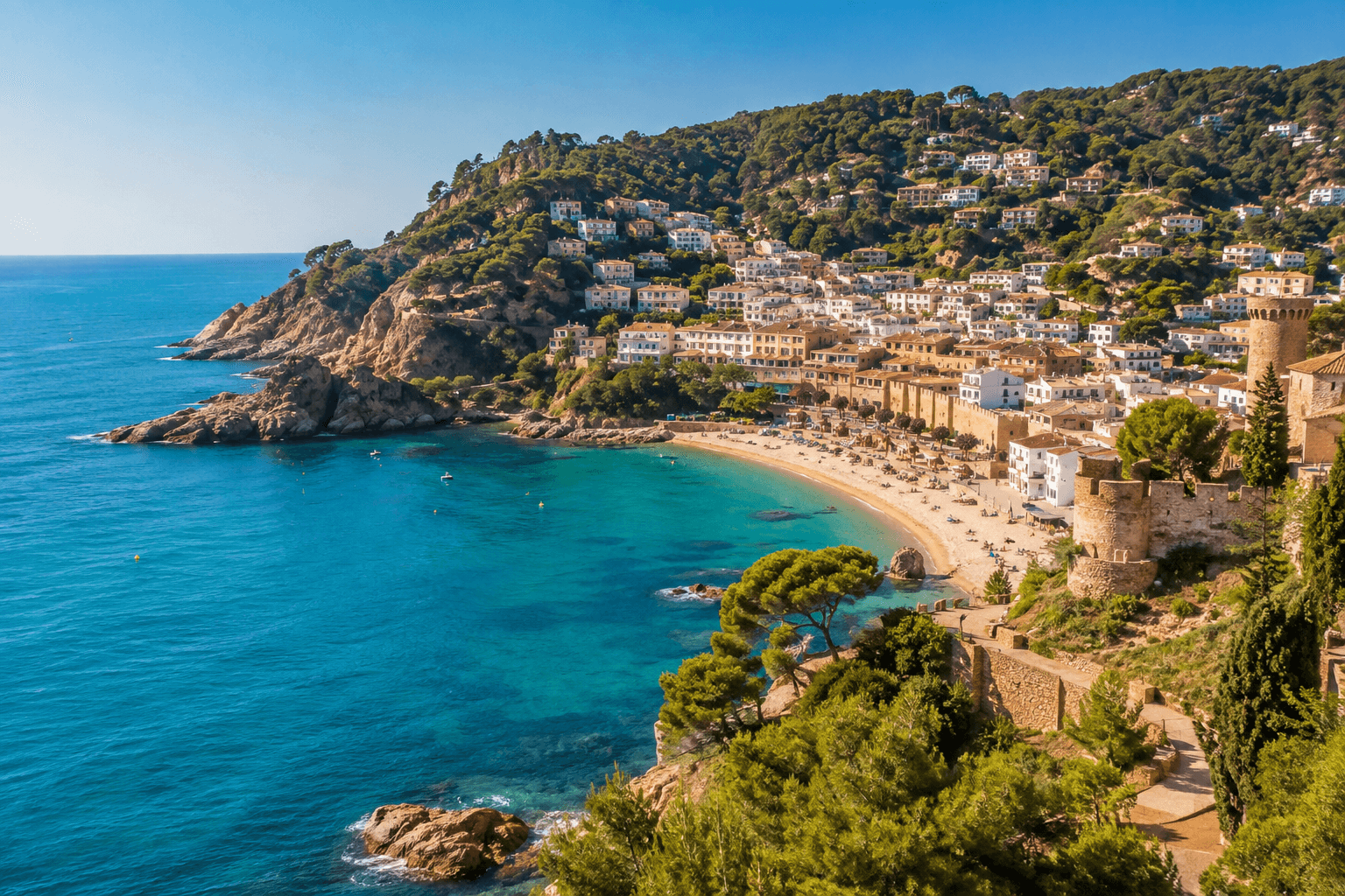 Vista panorámica de una localidad costera de la Costa Brava con viviendas en la ladera, playa, mar Mediterráneo y torres de piedra
