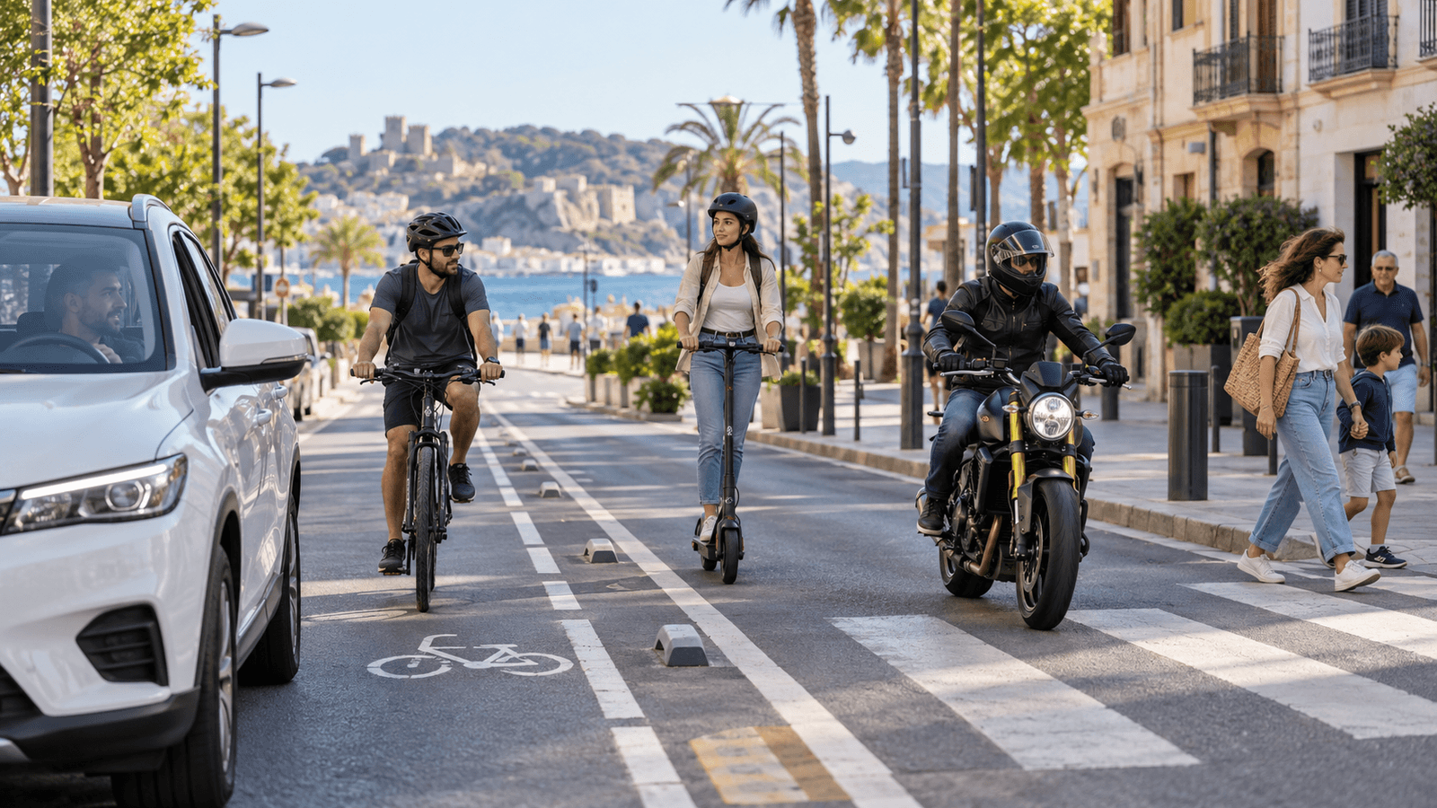 Ciclista, usuaria de patinete, motorista, coche y peatones compartiendo una vía urbana mediterránea con carril bici y paso de peatones